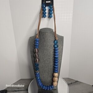 Necklace earrings NWT set on brown leather cord